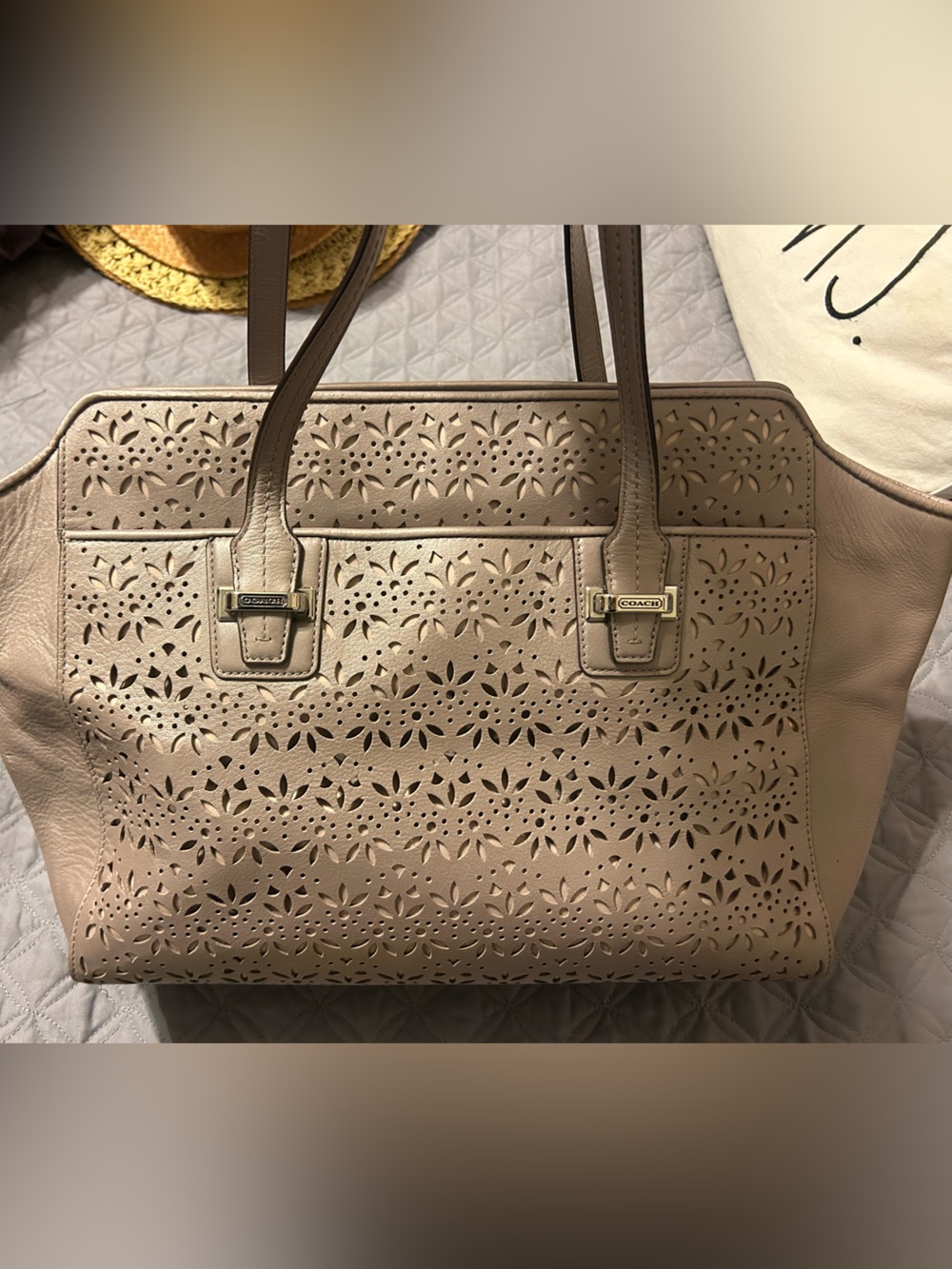 Coach Taylor Bette Eyelet leather tote bag in a putty or beige color.